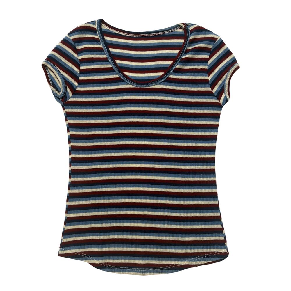 VTG 60’s 70’s Groovy Striped Short Sleeve Baby Tee Women’s S Blue Red White